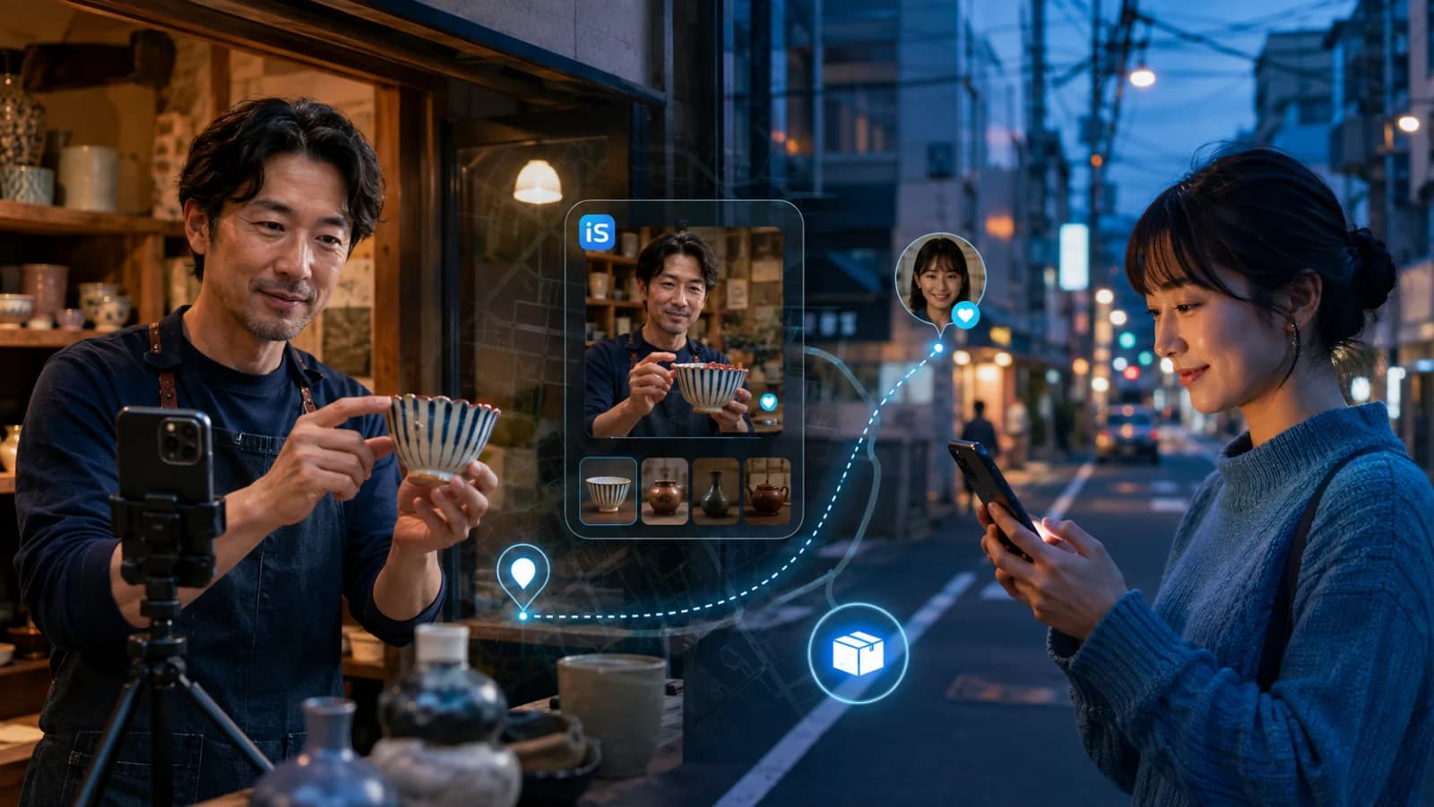 A Tokyo shop owner sharing a product video with a nearby shopper through iSocialize local discovery