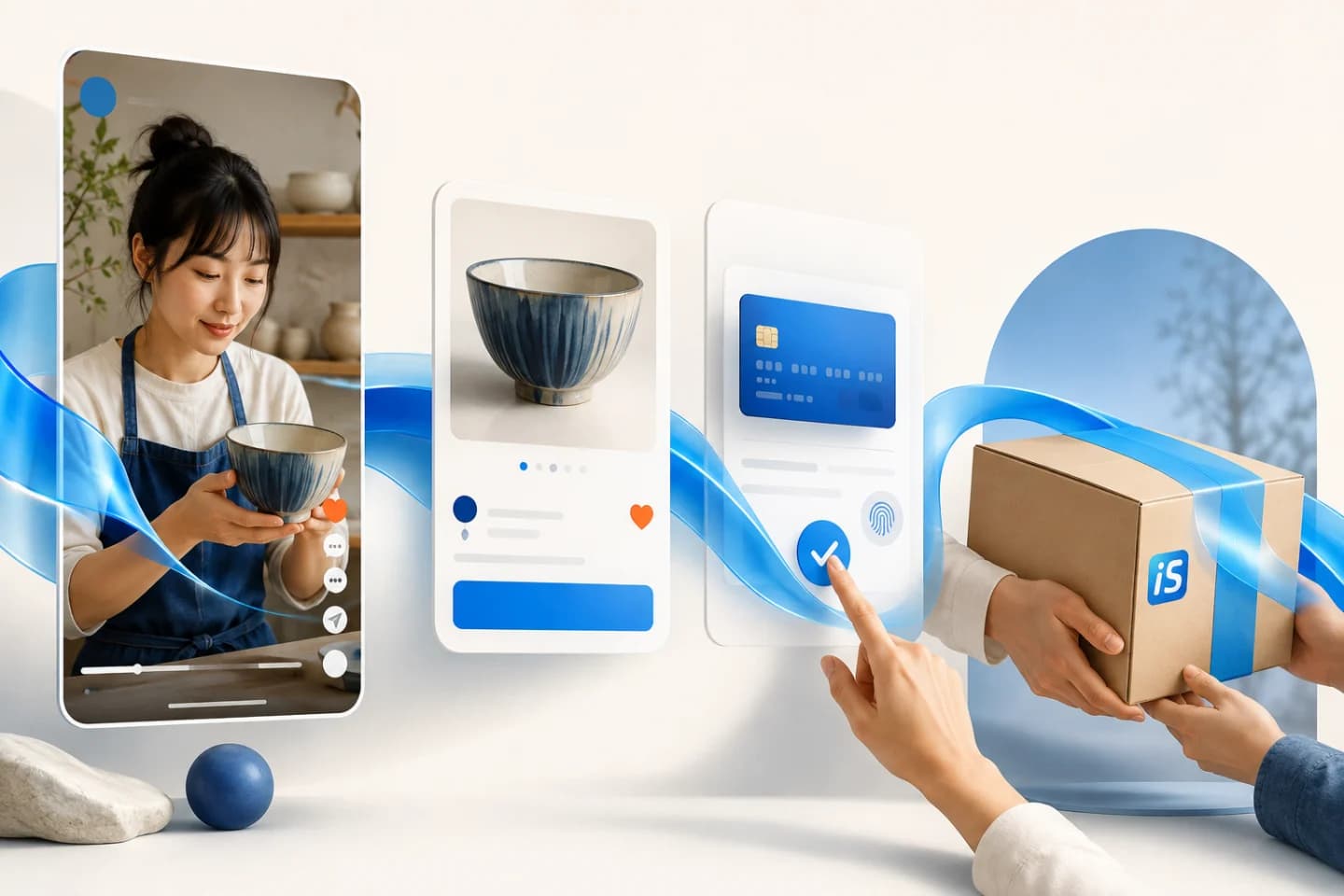 A creator video flowing into a product page, secure checkout, and delivered parcel in the iSocialize social-commerce journey