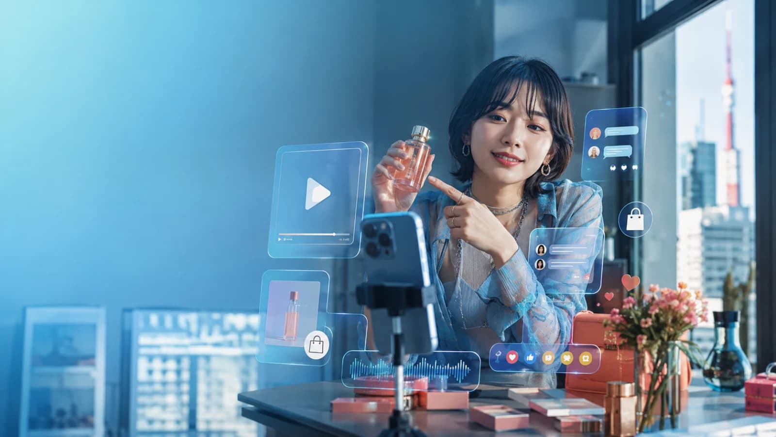 A Japanese creator demonstrating a product through video as iSocialize connects social discovery, conversation, secure shopping, and online selling