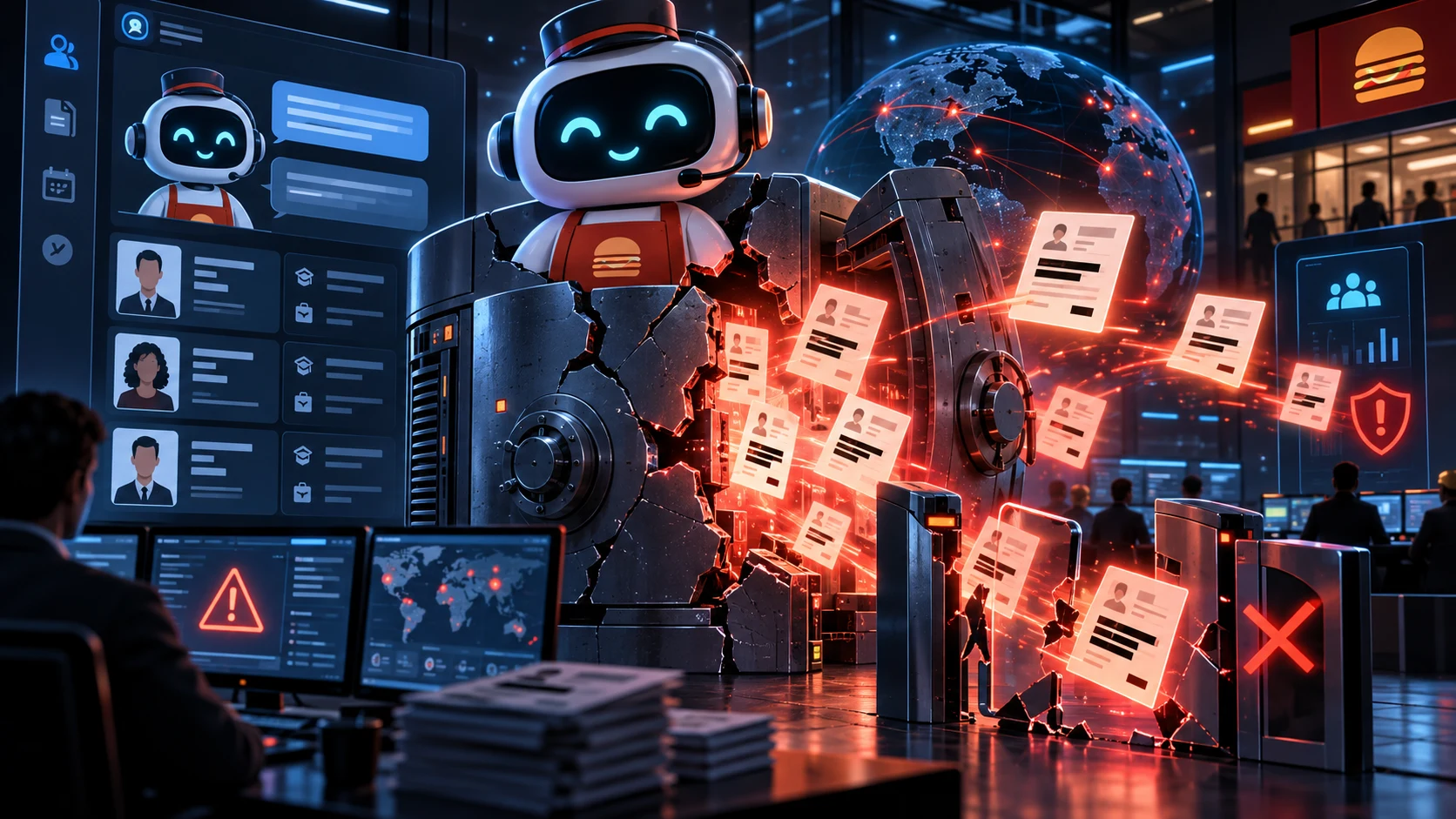 Illustration of an AI recruiting chatbot data exposure with a cracked digital vault, redacted applicant records, security alerts, and no real brand logos
