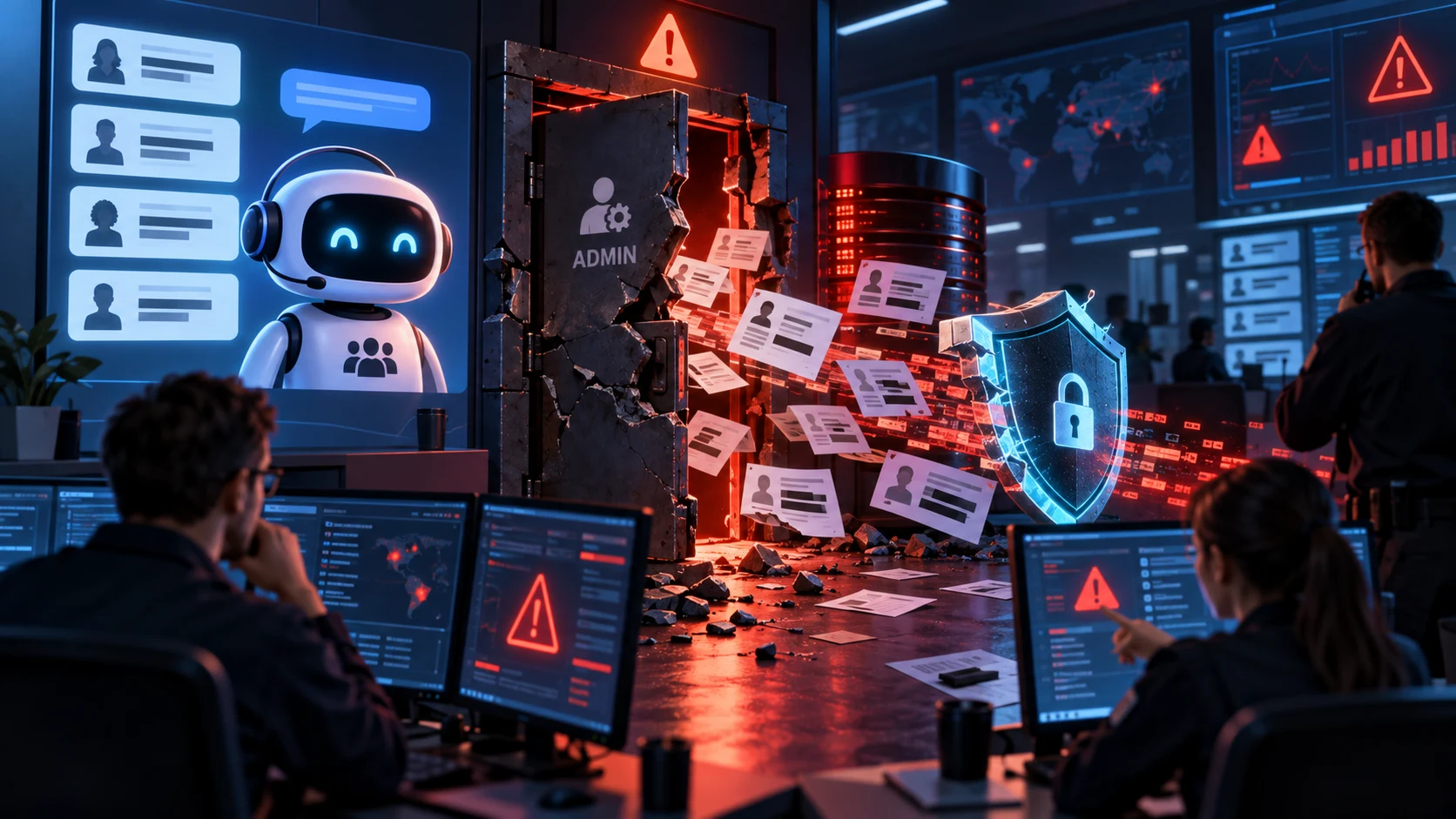 AI hiring chatbot incident illustration with weak admin access, redacted applicant records, warning dashboards, and security response team