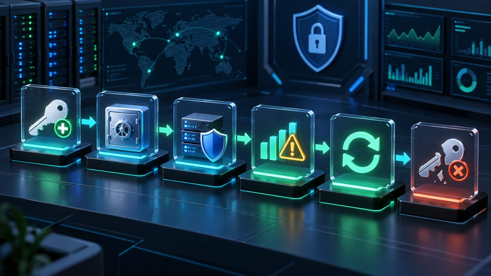 Secure AI API key lifecycle with scoped key creation, secret vault storage, server-side proxy, monitoring alerts, rotation, and revocation
