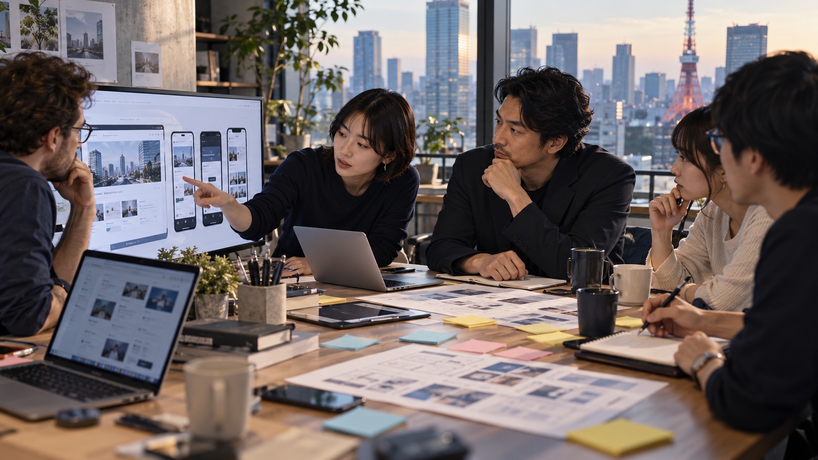 東京のオフィスで、スタートアップの代表と開発チームがアプリ画面を確認する様子