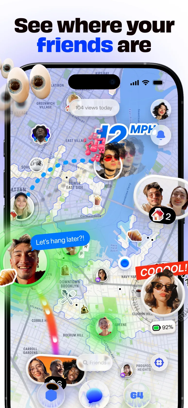 显示好友与地点的 Bump 官方定位地图截图
