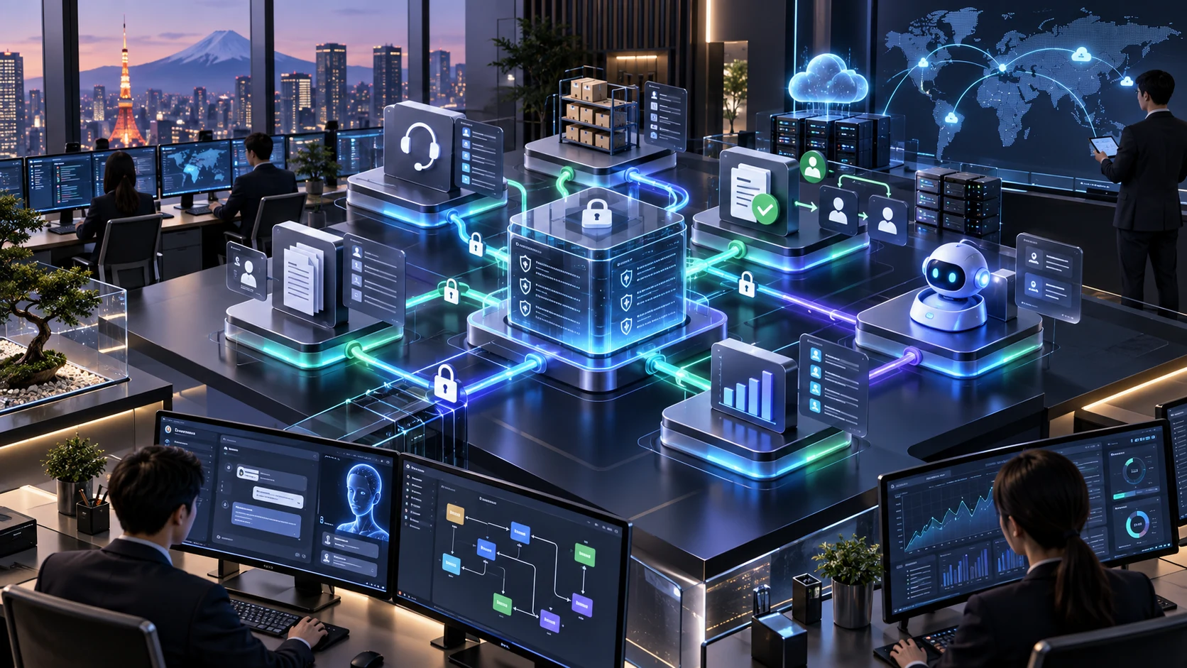 Custom IT software platform connecting helpdesk, documents, approvals, analytics, cloud infrastructure, security, and AI workflows for a Japanese business