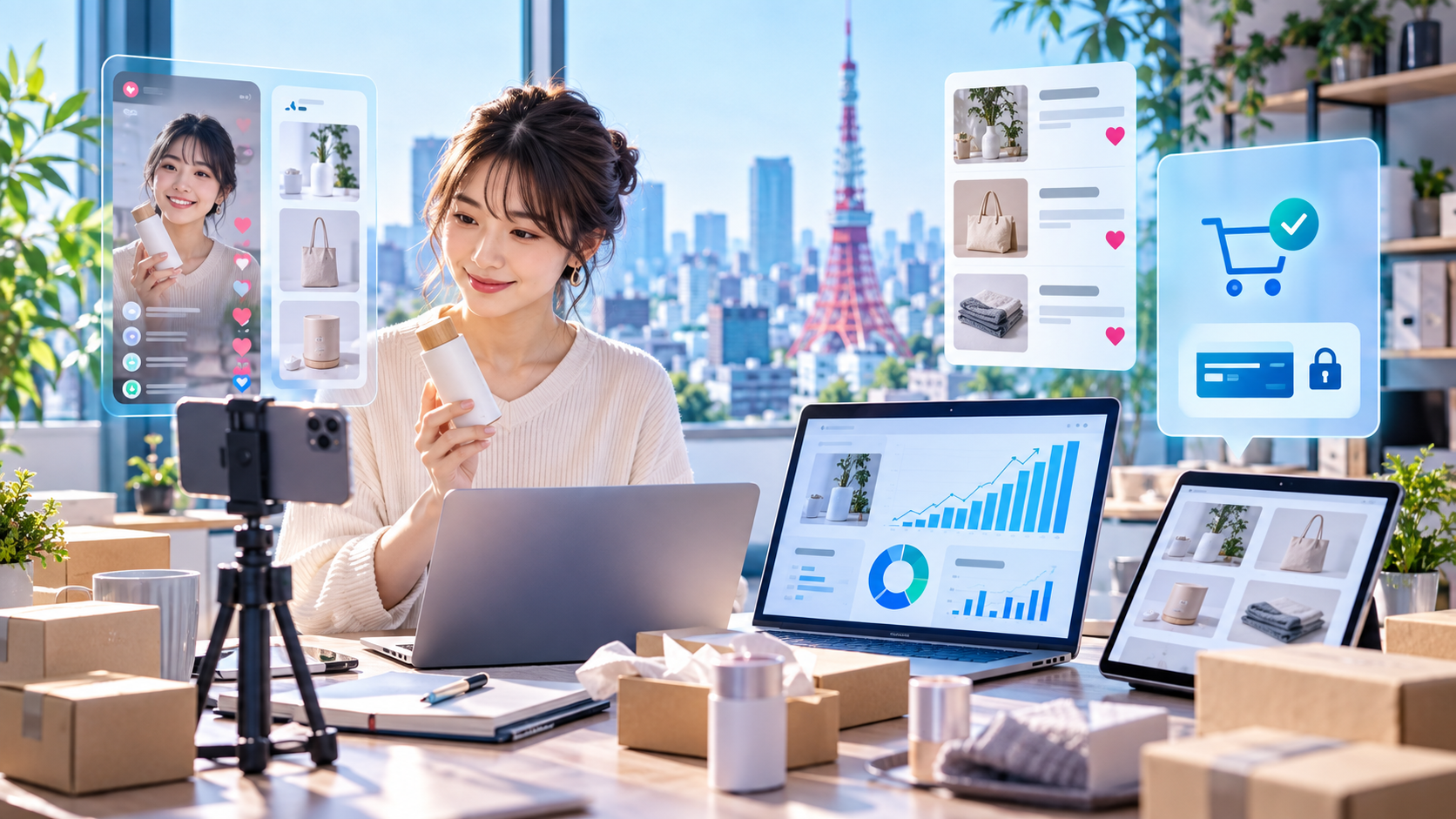 2026年に日本の販売者がソーシャルコマース、ライブ配信、ネットショップ管理画面、安全な決済、スマホ販売でEC事業を始めるイメージ