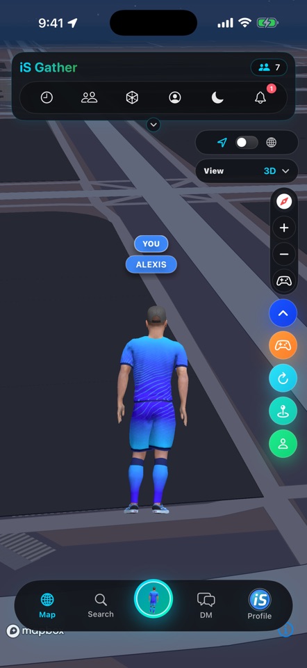 Official iS Gather App Store screenshot showing a personalized 3D avatar on the live social map