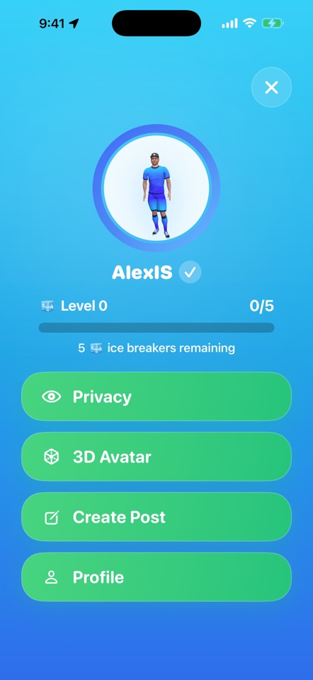 Official iS Gather App Store screenshot showing privacy, 3D avatar, post, and profile actions
