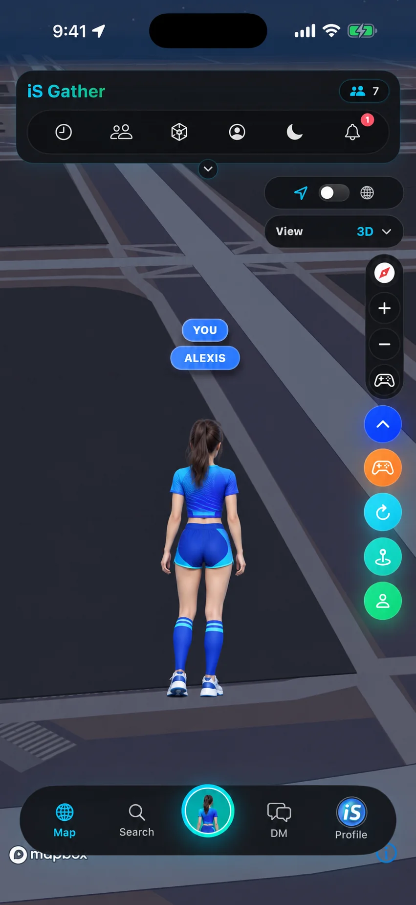 iS Gather 3D map concept showing a fictional adult Japanese woman as a moving avatar