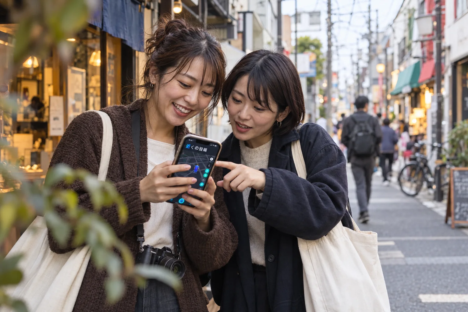 Candid visualization of fictional adult Japanese women checking nearby iS Gather posts in Koenji