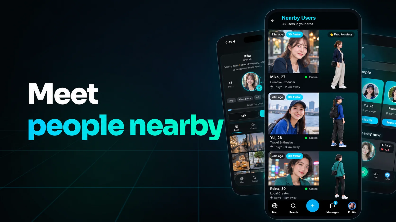 iS Gather promotional visualization with three fictional adult Japanese women, nearby profiles, and matching 3D avatars