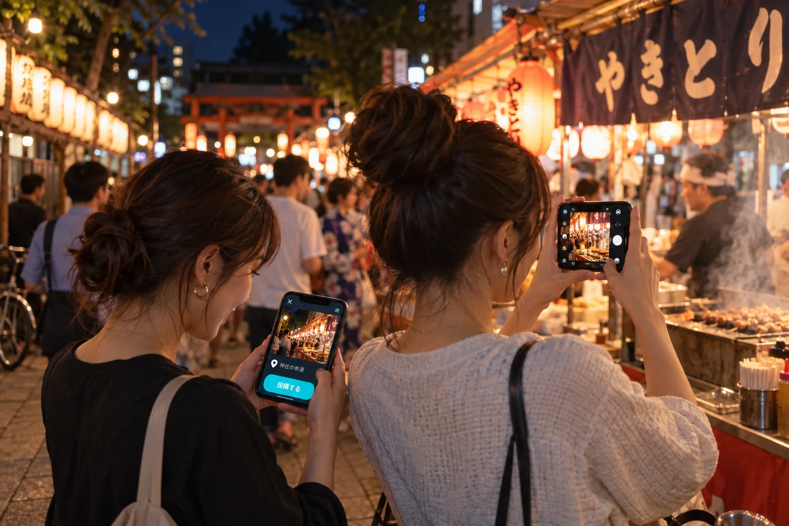 Fictional adult Japanese women taking and sharing a location-based photo at a Tokyo night festival