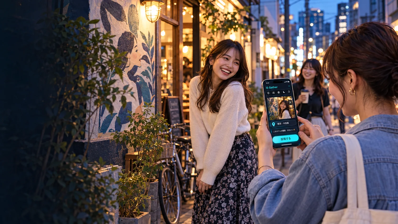 Fictional adult Japanese women taking and posting a photo through an iS Gather Japanese post composer in Tokyo