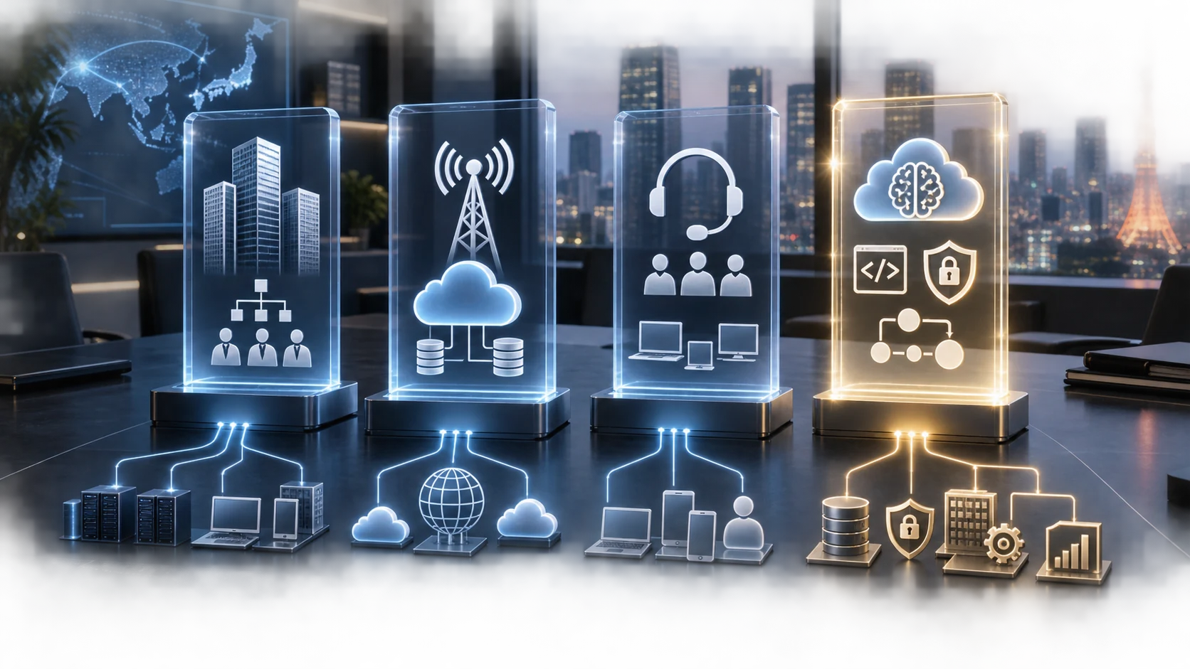 Comparison of Tokyo IT company provider types including enterprise systems integrators, telecom cloud providers, helpdesk support, and custom secure AI software partners