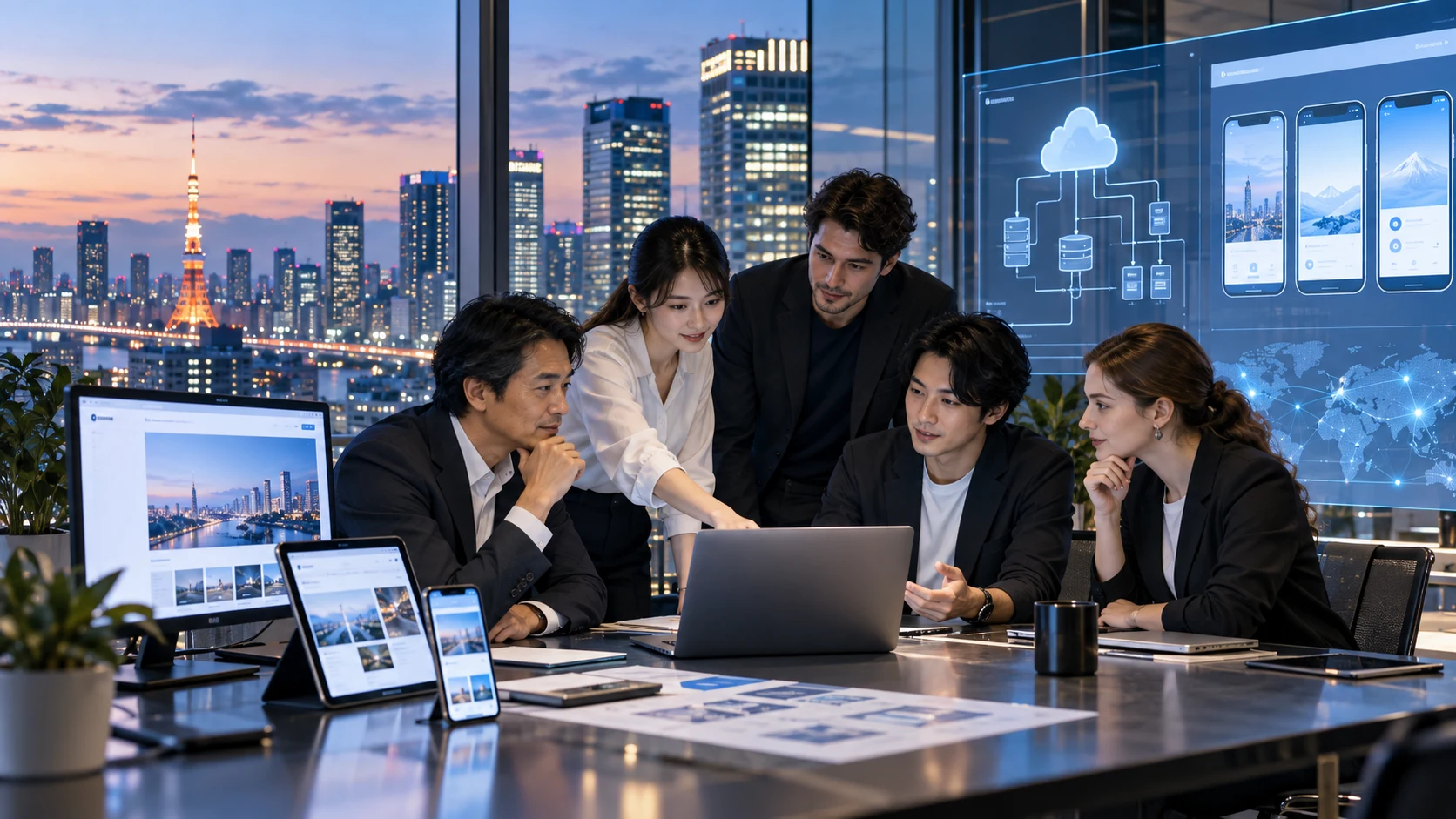 Tokyo business team reviewing web production, app development, system development, and cloud architecture plans
