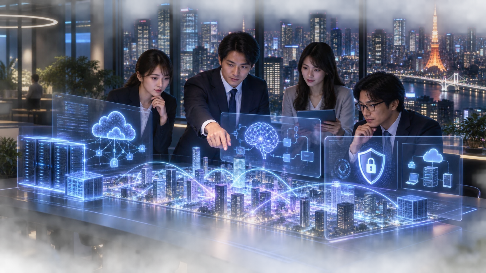 Tokyo IT company team planning secure AI workflows, cloud infrastructure, cybersecurity, and custom business software