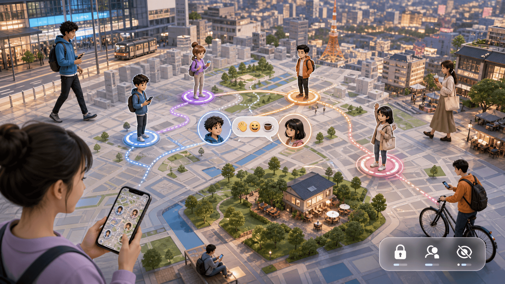 リアルタイム都市地図、パーソナライズ3Dアバター、ライブ移動、公開範囲設定、アイスブレーカーで友達を見つけるソーシャル体験