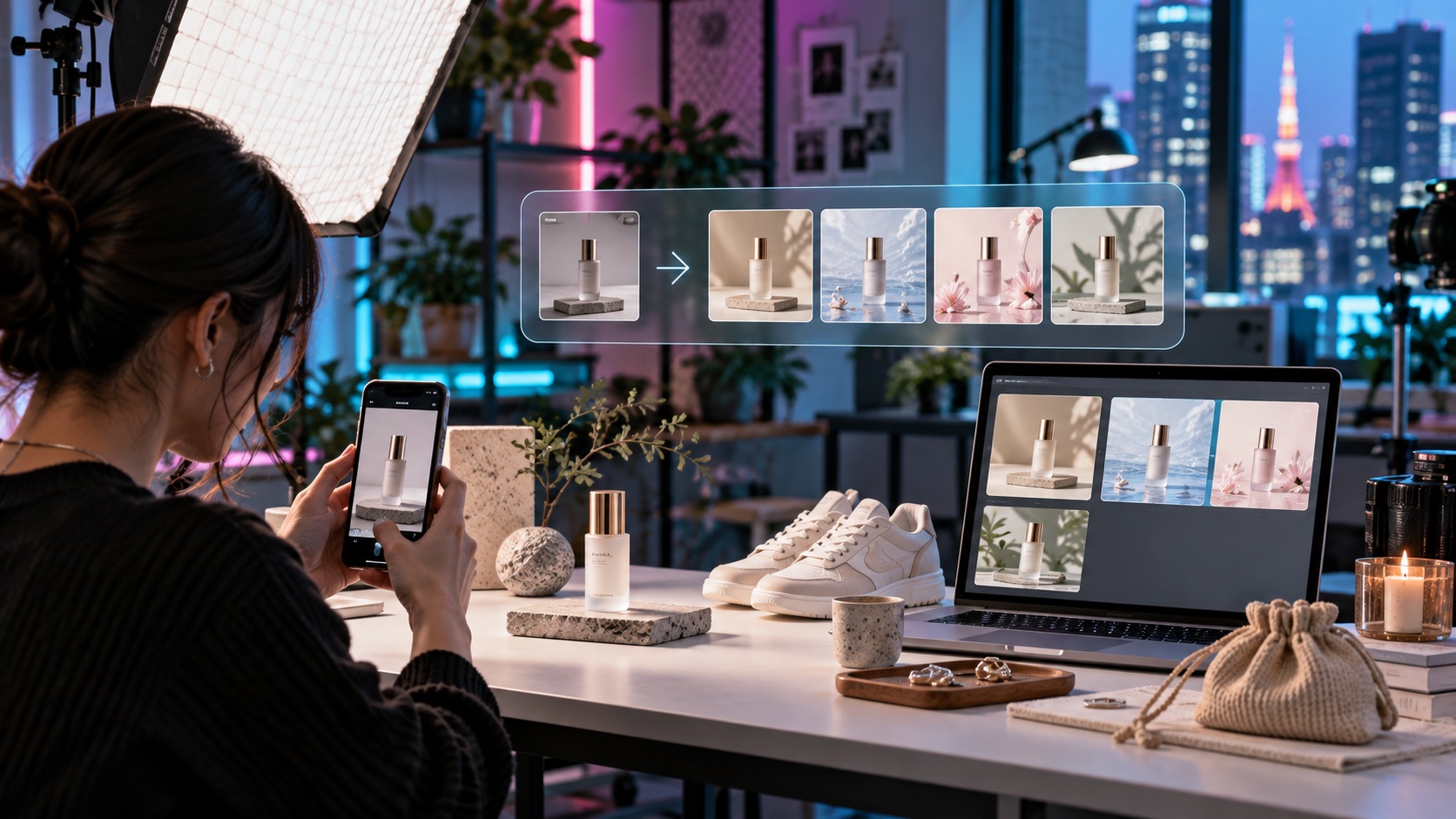 AI product photo workflow showing a creator turning a raw product shot into polished social commerce image variations