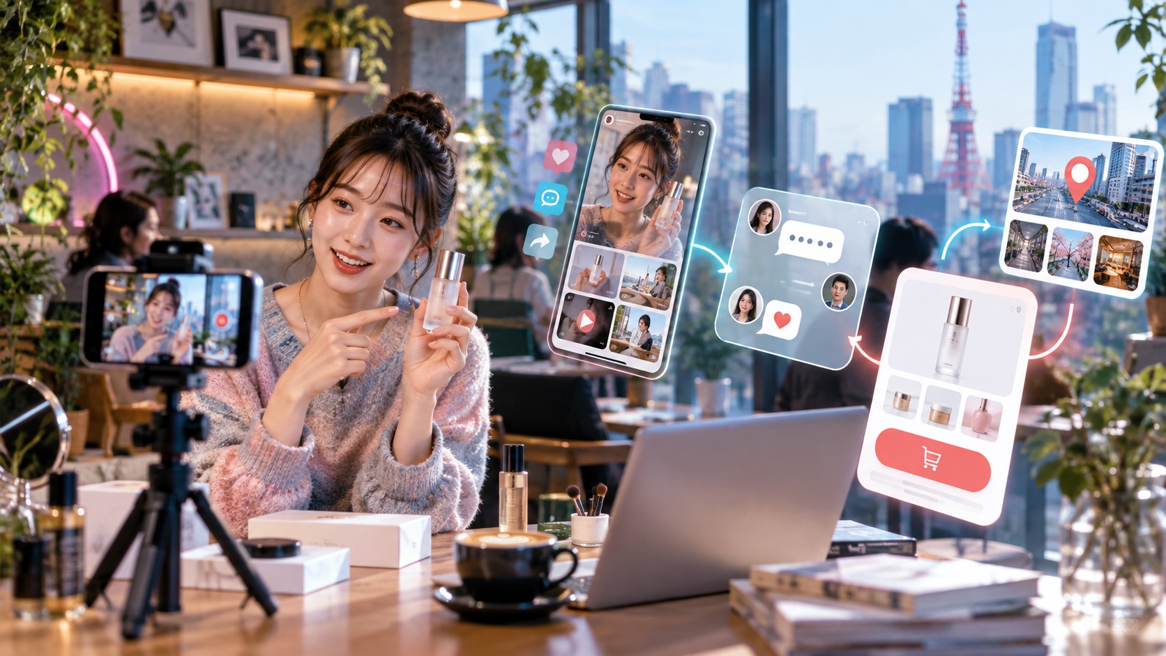 Creator filming a product demo while social commerce cards, chat, local discovery, and shopping visuals connect around the workflow