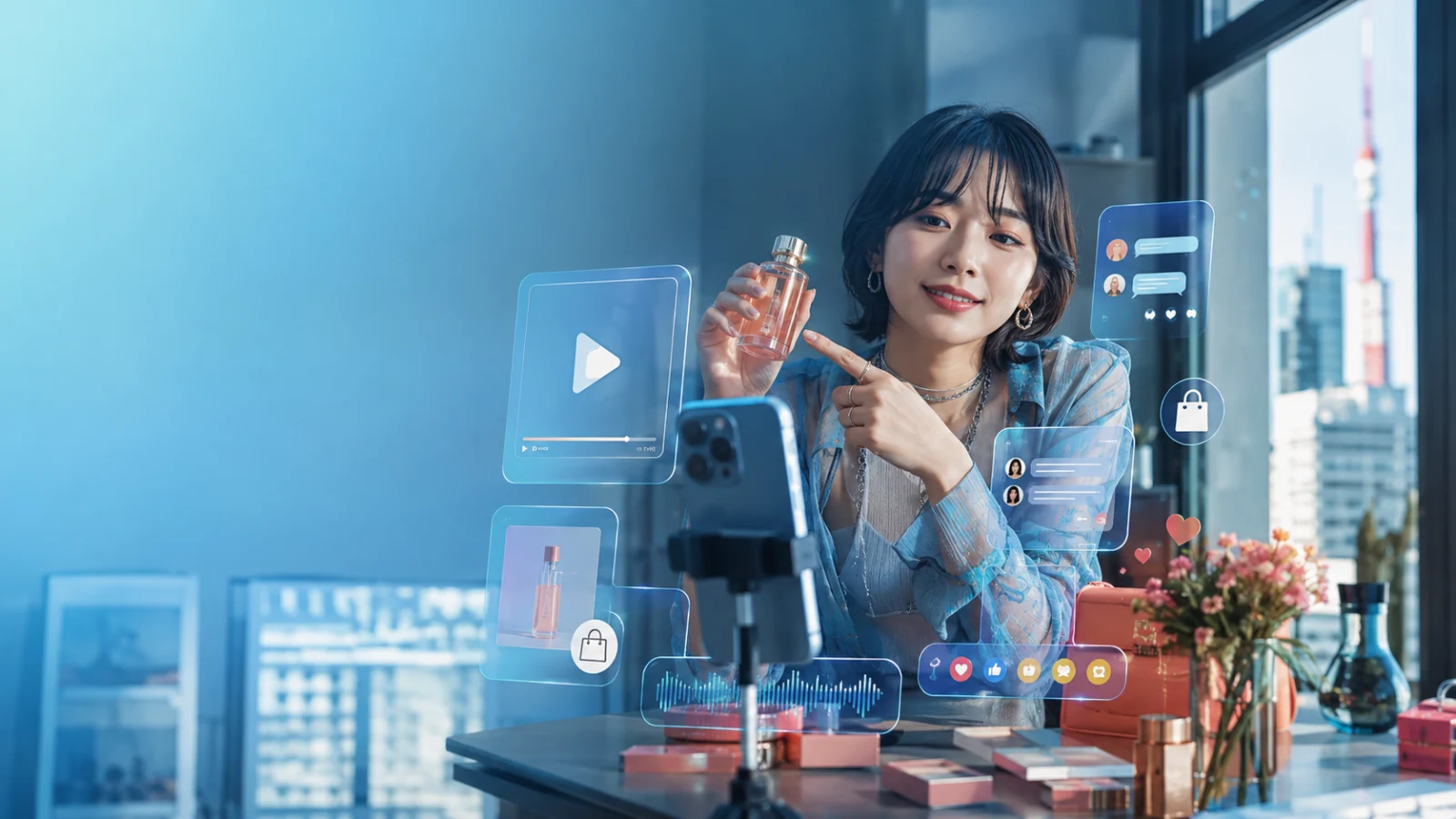A Japanese creator demonstrating a product through video as iSocialize connects social discovery, conversation, secure shopping, and online selling