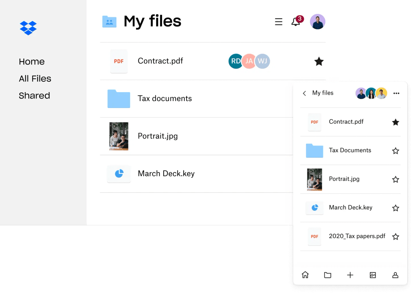 Dropbox Basic公式デスクトップ・モバイル画面。同期されたファイル、フォルダ、共同編集者、お気に入りを表示