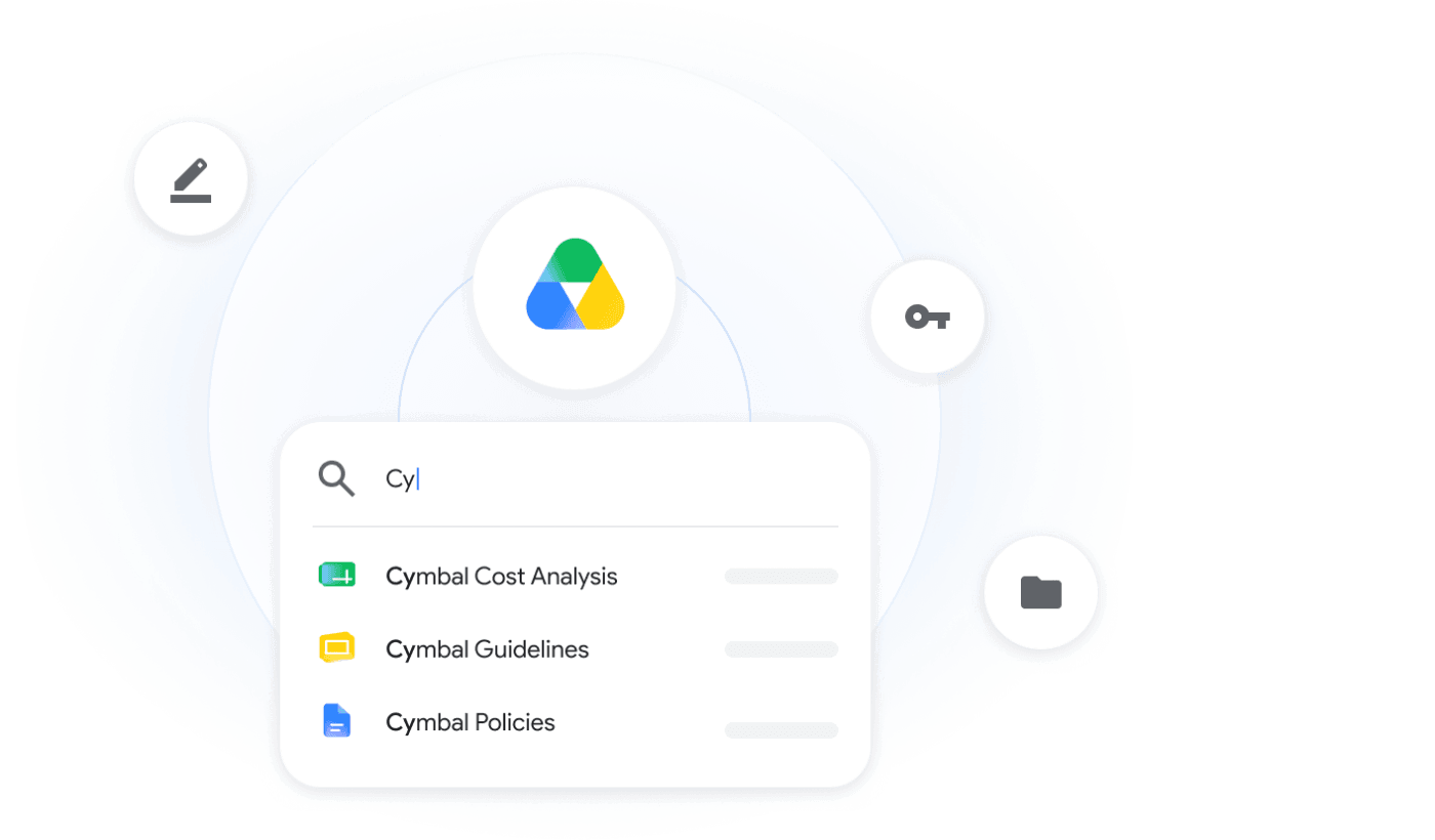 Google Drive公式製品画像。Drive内を検索し、Googleスプレッドシート、スライド、ドキュメントの候補を表示する画面