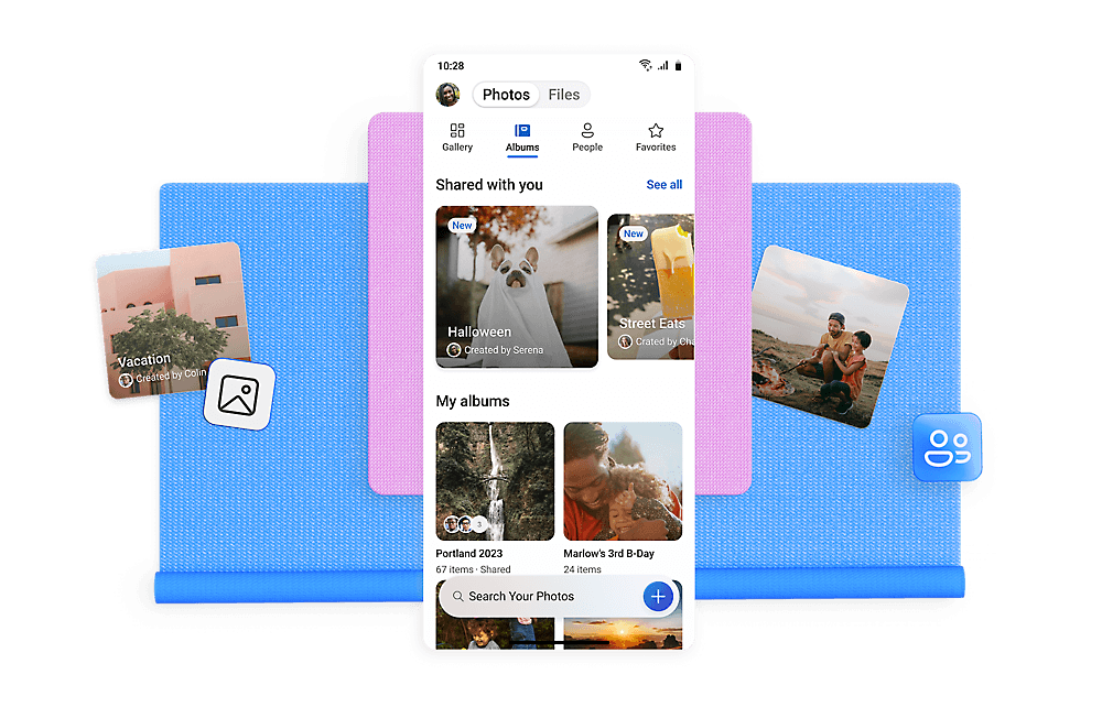 Microsoft OneDrive公式モバイル画面。スマートフォンで共有写真アルバム、人物、お気に入り、写真検索を表示