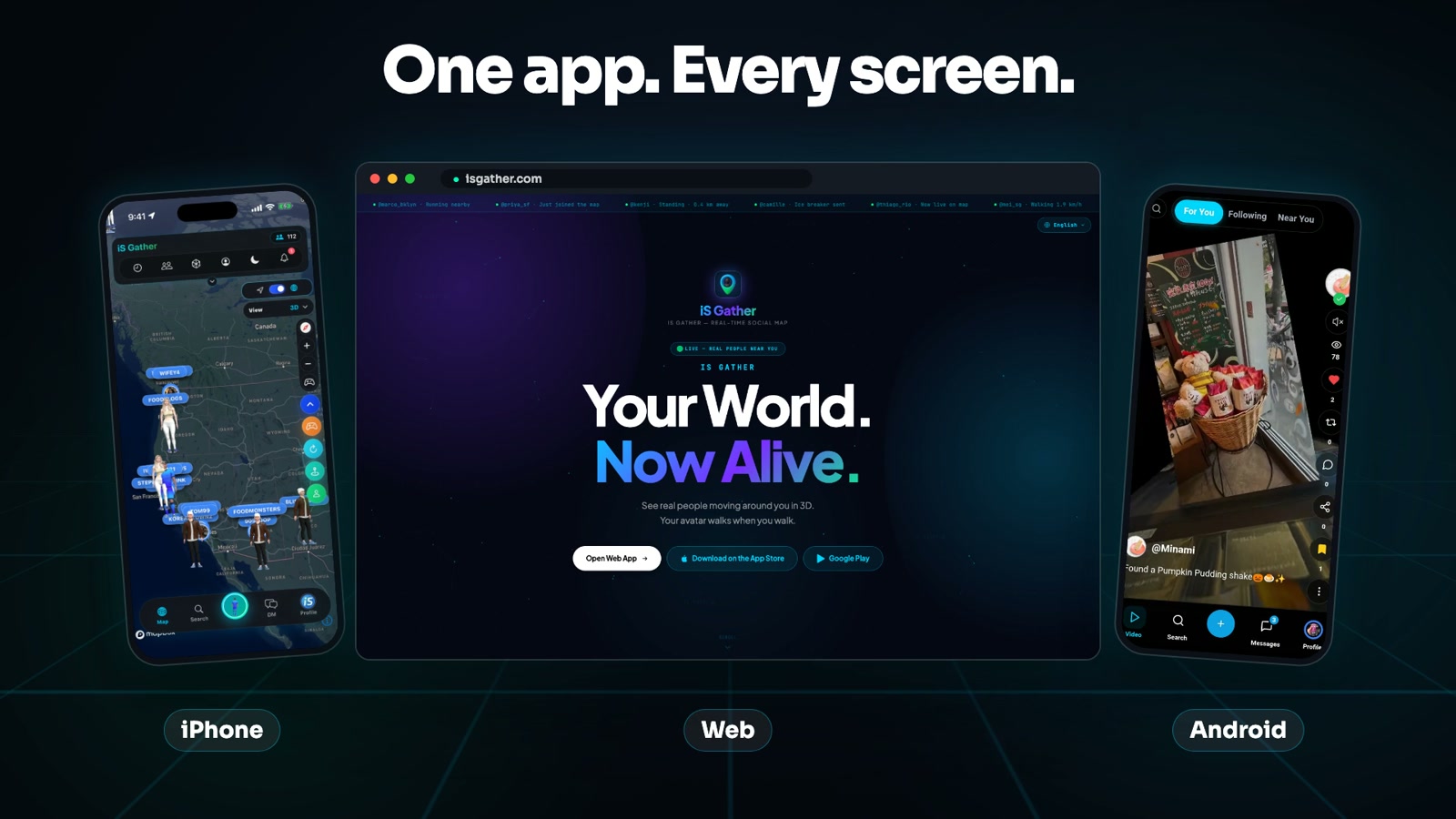 iS Gather 在 iPhone、Web 和 Android 上的真實產品界面
