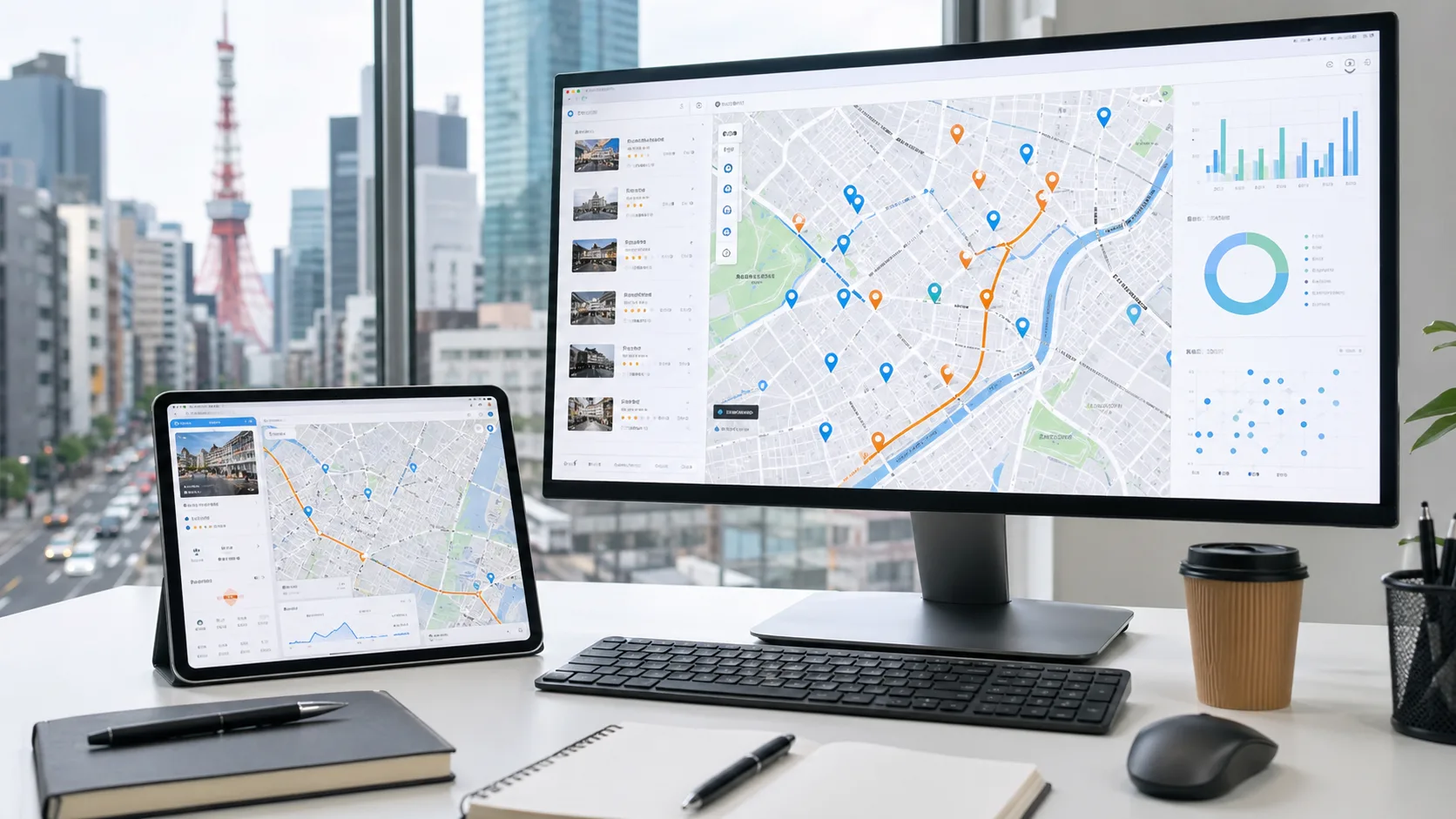 ภาพประกอบ UI ระบบแผนที่ที่แสดงเส้นทาง จุดแวะ รถ และข้อมูลวิเคราะห์