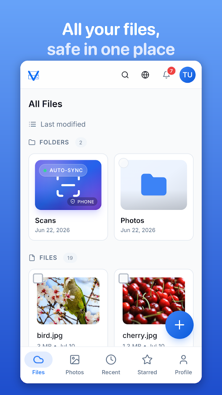 VirtualDrive Android app showing cloud files and folders