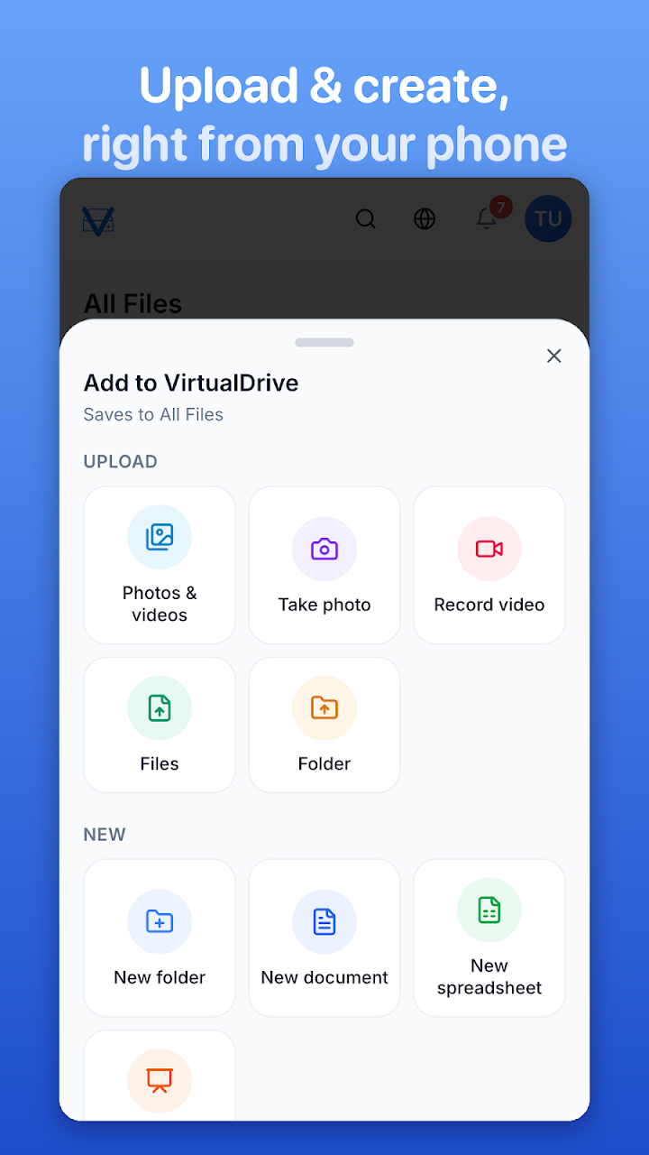 VirtualDrive Android upload and create menu